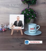 Hakim Fotoğraflı Dekoratif Taş, Ahşap Altlıklı Türk Kahvesi Fincanı Hediye (Model 2)