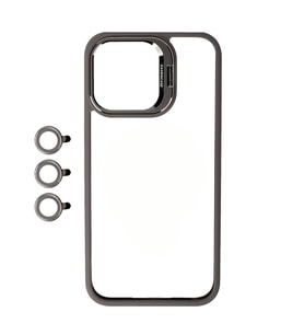 iPhone 15 Pro Max Kılıf Kamera Lens Korumalı Standlı Klon Lensli Kılıf (Gri)