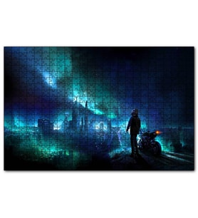 Cakapuzzle Motorcunun Gece Şehir ve Gökyüzü Işıkları Manzarası  Puzzle Yapboz MDF (Ahşap) (255 Parça)