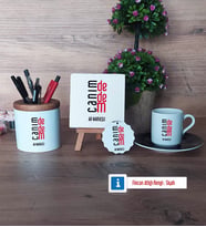 Dedeye Hediye Hediye Seti Dekoratif Taş, Kalemlik, Ahşap Altlıklı Türk Kahvesi Fincanı, Ahşap Anahtarlık Hediye (Model 7)