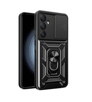 Samsung Galaxy A55 Kılıf Yüzüklü Standli Sürgülü Kamera Korumalı Tank Sert Silikon Kapak (Siyah)