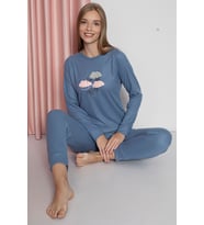Fwn 4006 İnterlok Kışlık Bulut Desenli Kadın Pijama Takımı (Mavi)