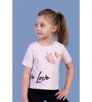 Toontoy Kız Çocuk Kelebek Baskılı Taş İşlemeli Tişört (Pudra)