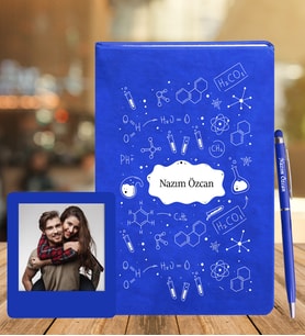 Kimya Öğretmenine Özel Deri Deri Defter + Ahşap Çerçeve Hediye (Mavi)