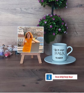 Halaya Hediye Fotoğraflı Dekoratif Taş, Ahşap Altlıklı Türk Kahvesi Fincanı Hediye (Model 2)