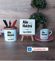 Aile Hekimi Hediye Seti Dekoratif Taş, Kalemlik, Ahşap Altlıklı Türk Kahvesi Fincanı Hediye (Model 6)