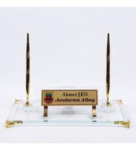 KRİSTAL CAM ALTIN GÜMÜŞ AYAKLI MASA İSİMLİK YENİ İŞ HEDİYESİ OFİS HEDİYE (Altın)