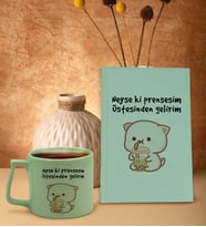 BK Gift Esprili Tasarım Serisi Yeşil Sert Kapaklı Defter ve Middle Kupa Seti, Arkadaşa Hediye, Yeni İş Hediyesi, Doğum Günü Hediyesi (Model 11)