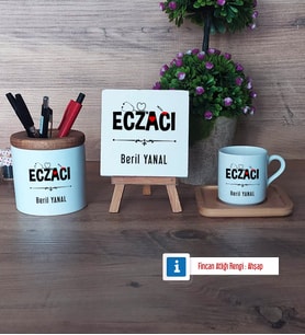Eczacı Hediye Seti Dekoratif Taş, Kalemlik, Ahşap Altlıklı Türk Kahvesi Fincanı Hediye (Model 1)