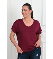 Kadın V Yaka Büyük Beden T-shirt 1486-23 (Bordo)