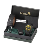 Polo Air Erkek Set Kombin Kemer Cüzdan Kartlık Çakmak Kol Saati Hediyelik Kutusunda Set PL-0976E (Siyah-Sarı)