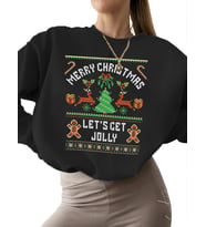 3 iplik şardonlu Sweatshirt Noel kazak Baskılı kalın bisiklet yaka kadın Bej Sweatshirt unisex erkek (Siyah)