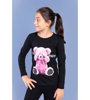 Toontoy Kız Çocuk Ayıcık Baskılı Tişört (Siyah)