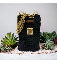 El Emeği Polyester Makrome İpinden Telefon Çantası (Siyah)