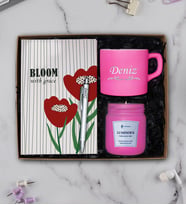 Kişiye Özel  Nescafe Fincanı, Tükenmez Kalem,Kokulu Cam Mum, Defter Hediye Seti (Pembe)