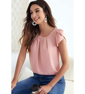 Yuvarlak Pileli Yakalı Kol Detaylı Rahat Kesim Kısa Kol Şık ve Cool Bluz (Pembe)