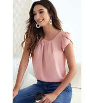 Yuvarlak Pileli Yakalı Kol Detaylı Rahat Kesim Kısa Kol Şık ve Cool Bluz (Pembe)