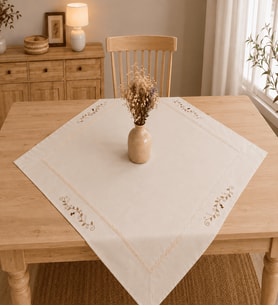 Bahar Dalı Nakışlı Dantelli Kare Masa, Sehpa, Fiskos Örtüsü 90x90 cm-Naturel