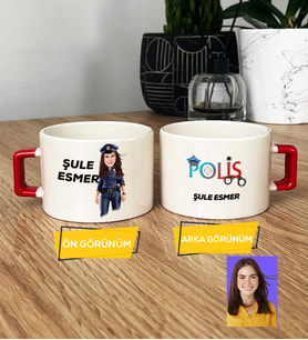 Kişiye Özel Karikatürlü Polis Hediye Lüks Fincan Kadın Polise Polisler Günü Hediyesi (Kırmızı)