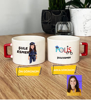 Kişiye Özel Karikatürlü Polis Hediye Lüks Fincan Kadın Polise Polisler Günü Hediyesi (Kırmızı)