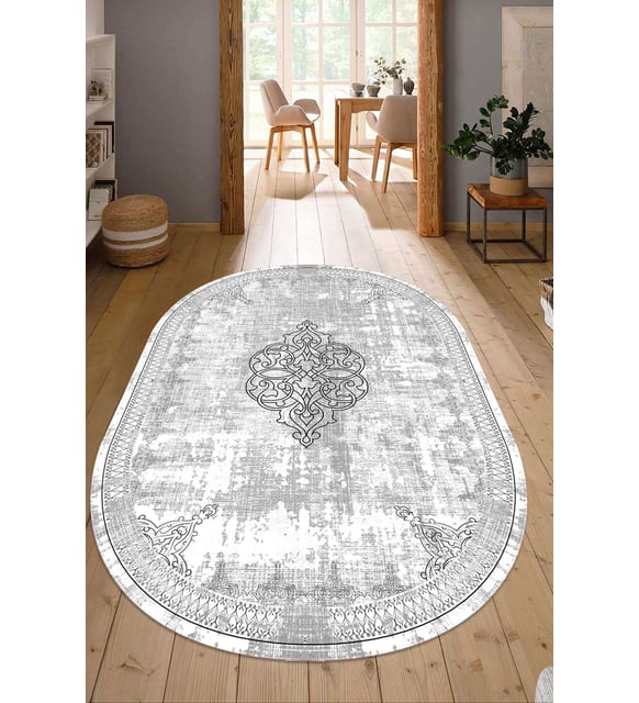 Dijital Baskılı Kaymaz Taban Yıkanabilir Oval Salon Halısı Mutfak Halısı Yolluk NDO-SD-1125 (Gri)