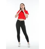 Süperlife Kadın Bisiklet Yaka Crop Örme Slim Fit Tişort SPR21Y13 (Kırmızı)
