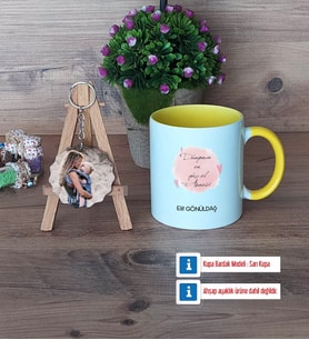 Anneye Doğum Günü Hediyesi Kupa Bardak Beyaz ve Fotoğraflı Ahşap Anahtarlık Hediye (Model 7)