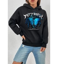 Unisex Blue Butterfly Baskılı Sweatshirt (Siyah)