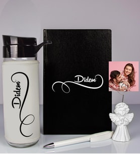 Kişiye Özel Defter Kalem Matara Ve Fotoğraflı Notluk Seti 93555 (Siyah)