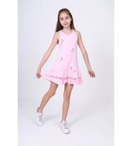 Toontoy Kız Çocuk Fırfırlı Palmiye Ağacı Baskılı Elbise (Açık Pembe)