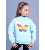 Toontoy Kız Çocuk Pamuklu Balıkçı Yaka Popıt Desenli Sweatshirt (Su Yeşili)