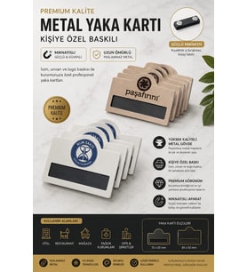 PERSONEL YAKA KARTI METAL ÖZEL BASKILI 5 ADET mıknatıslı (Gümüş)
