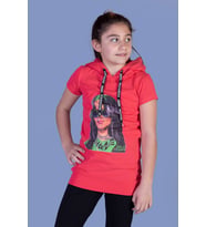 Toontoy Kız Çocuk Billie Eilish Baskılı Kapüşonlu Tişört (Nar Çiçeği)