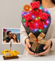 Kişiye Özel Fotoğraflı Renkli Led Işıklı Büyük Boy Fuşya Peluş Ayıcık Buketi
