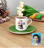 Kişiye Özel Karikatürlü Kuaför Türk Kahvesi Fincanı Erkek Kuaföre Berbere Hediye (Yeşil)