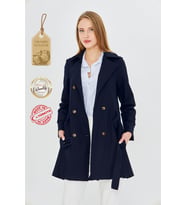 Pastelastore Esnek Pamuk Gabardin Kısa (80cm) Omuz Apoletli Kemerli Kadın Trençkot 1120 (Lacivert)