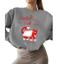 erkek Sweatshirt Kahve kedi tişörtü Baskılı unisex kadın Sweatshirt bisiklet yaka kalın 3 iplik (Gri)