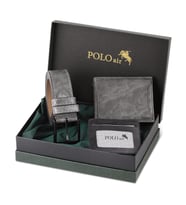 Polo Air Kutulu Erkek Spor Cüzdan Kemer Kartlık Seti M-08 (Gri)