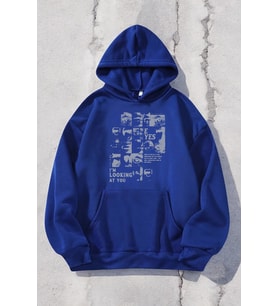 Looking Baskılı Oversize Sweatshirt (Mavi)