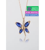 Jewelmim Mavi Gümüş Kelebek Kolye Rose Altın Kaplama Bayan Kelebekli 925 Ayar Kadın Gümüş Kelebek Kolyesi (Rose)