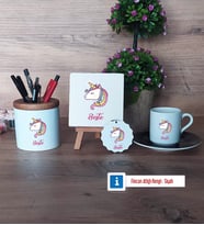 Unicorn Hediye Seti Dekoratif Taş, Kalemlik, Ahşap Altlıklı Türk Kahvesi Fincanı, Ahşap Anahtarlık Hediye (Model 7)