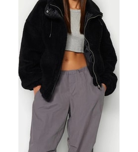 Tasarım Düz Astarlı Yaka Standart Oversize Dik Kadın Oversize Peluş Mont (Siyah)
