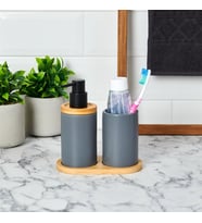 Bambu Standlı Seramik İkili Banyo Seti (Gri)