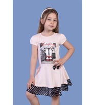 Toontoy Kız Çocuk Puantiyeli Tül Detaylı Dijital Baskılı Elbise (Pudra)