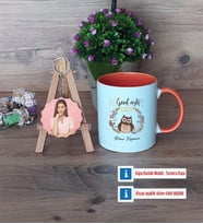 Baykuş Kupa Bardak Beyaz ve Fotoğraflı Ahşap Anahtarlık Hediye (Model 13)