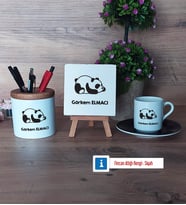 Uykucu Panda Hediye Seti Dekoratif Taş, Kalemlik, Ahşap Altlıklı Türk Kahvesi Fincanı Hediye (Model 7)