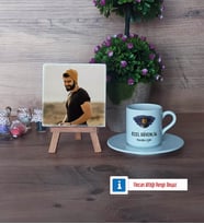 Özel Güvenlik Görevlisi Fotoğraflı Dekoratif Taş, Ahşap Altlıklı Türk Kahvesi Fincanı Hediye (Model 2)