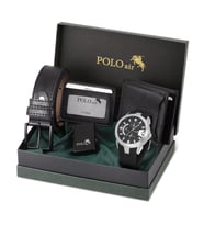 Polo Air Erkek Set Kombin Kemer Cüzdan Kartlık Çakmak Kol Saati Hediyelik Kutusunda Set PL-0974E (Beyaz-Siyah)