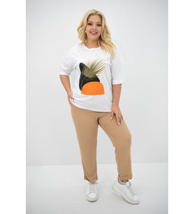 Kadın Büyük Beden Baskı Detaylı T-shirt Takım 8105-24 (Bej)