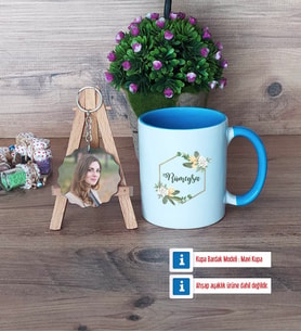 Doğum Günü Hediyesi Kupa Bardak Beyaz ve Fotoğraflı Ahşap Anahtarlık Hediye (Model 4)